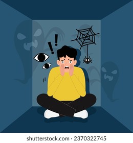 Man suffers from phobias and fears. The psychological concept of mental disorder and paranoia. Vector illustration
