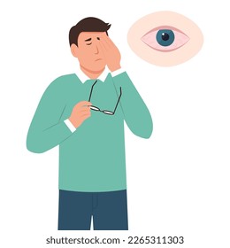 El hombre sufre de dolor de ojos. Inflamación y dolor agudo en los ojos.  Enrojecimiento, ojos secos. Conjuntivitis, infección y síntomas de alergias. Ilustración vectorial.