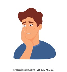 El hombre sufre de dolor de muelas. Clipart de Vector plano, ilustración con fondo aislado.
