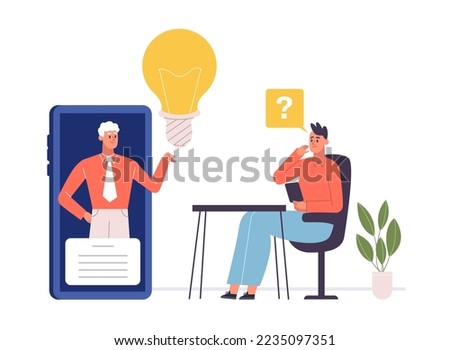 Man suggesting creative idea from mobile phone screen. Employee sitting at desk and talking to colleague. Smart male worker sharing business idea or solution. Light bulb innovation concept vector