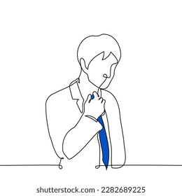 man in suit adjusting his blue tie at the neck    one line drawing vector  concept businessman worries