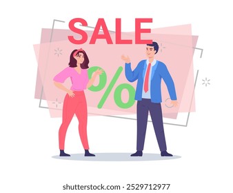 Hombre en traje anunciando ventas a ama de casa. Hombre de negocios que ofrece descuento a la Ilustración vectorial del comprador. Letras de venta, marca porcentual en el fondo. Publicidad, concepto de compras para el Diseño web