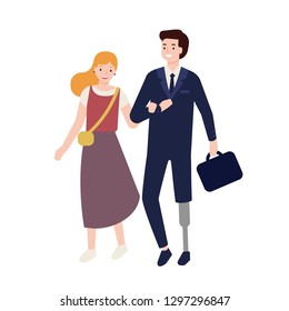 Man in suit with artificial limb walking with his girlfriend, wife or friend. Male character with leg prosthesis with romantic partner on date. Colorful vector illustration in flat cartoon style.