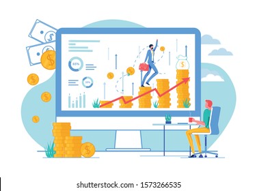 Man in Suit Ascending by Coins in Computer Screen Flat Cartoon Vector Illustration. Business Growth Concept. Worker Going by Stairs Toward Money Sack. Arrow Going Upwards. Collegue at Table.