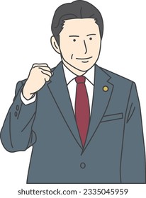 A man in a suit with a badge on his chest raises a clenched fist.
