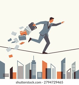 Man in suit balancing on tightrope with briefcase and papers falling