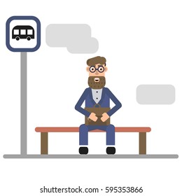 A man in a suit with a beard and a briefcase sitting on the bus stop isolated on white flat vector illustration. Office worker.