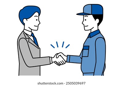 Man in a suit and blue work clothes shaking hands