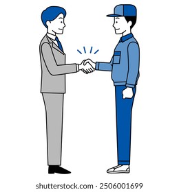 Man in a suit and a man in blue work clothes shaking hands full-body