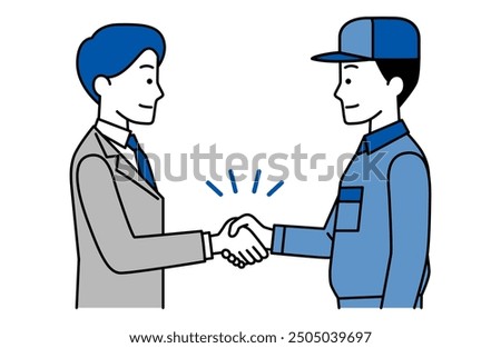 Man in a suit and blue work clothes shaking hands