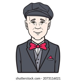 hombre con traje, corbata de arco y gorra. avatar, cómic, ilustración.