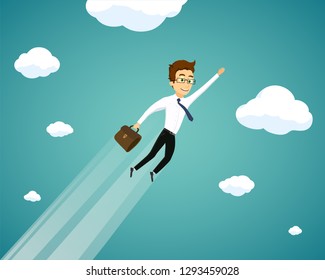 Man in a suit and with a briefcase flies in the sky. Career and success in business. Vector illustration.