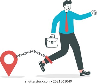 Man in suit, businessman, manager or employee chained to a place, office, work. Concept of workaholic, hard worker. Vector, flat, illustration

