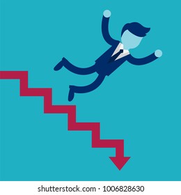 Man in suit, businessman or manager fall down of career ladder, or business. Vector, illustration, flat