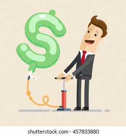 Man in suit, businessman or manager inflates balloon in a shape of a dollar sign. Business and finance concept. Vector, flat, illustration
