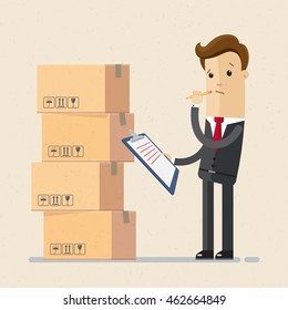 Man in suit, businessman, manager or logistic stands near boxes. Vector, illustration, flat