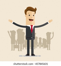 Man in suit, businessman or manager opens his arms. Meeting, welcome concept. Vector, flat, illustration