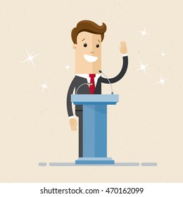 Man in suit, businessman or politician stands at tribune with microphones and making a speech. Vector, illustration, flat