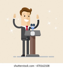 Man in suit, businessman or politician stands at tribune with microphones and making a speech. Vector, illustration, flat