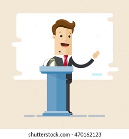 Man in suit, businessman or politician stands at tribune with microphones and making a speech. Presentation for audience, conference, debates. Vector, illustration, flat