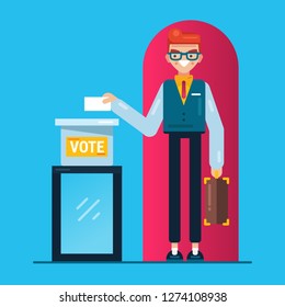man in a suit, businessman putting paper in the ballot box. Voting concept