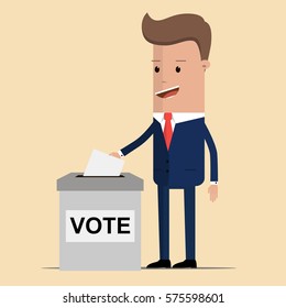 man in a suit, businessman putting paper in the ballot box. Voting concept