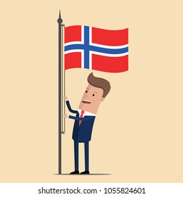 Man in suit, businessman raising waving flag of Norway. Vector illustration
