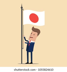 Man in suit, businessman raising waving flag of Japan. Vector illustration