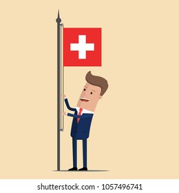 Man in suit, businessman raising waving flag of Switzerland. Vector illustration