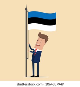 Man in suit, businessman raising waving flag of Estonia. Vector illustration