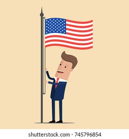 Hombre con traje, hombre de negocios izando la bandera de los Estados Unidos. Ilustración del vector