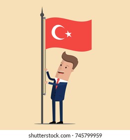 Man in suit, businessman raising waving flag of Turkey. Vector illustration