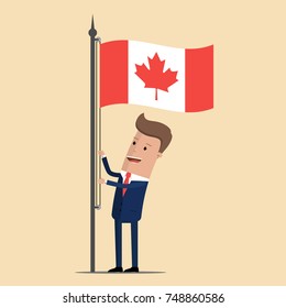 Man in suit, businessman raising waving flag of Canada. Vector illustration