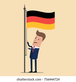 Man in suit, businessman raising waving flag of Germany. Vector illustration