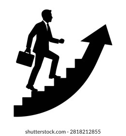 Man in suit carrying briefcase ascending upward arrow shaped staircase