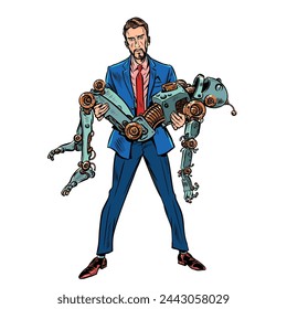 A man in a suit is carrying a vintage robot in his arms. Repair of damaged equipment. The death of artificial intelligence. Pop Art Retro Vector Illustration Kitsch Vintage 50s 60s Style. On a white