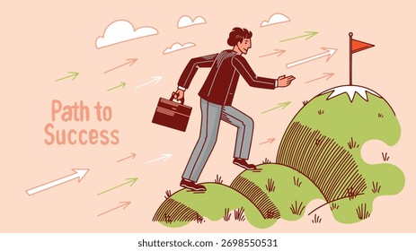 A man in suit with a case stepping forward and looking for a path to success in his business company or career. Reaching the top of the mountain with steps. Outline hand drawn style