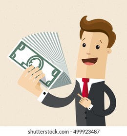 Man in a suit with cash money in hand. Business concept, investment, profit, benefits.  Vector, illustration, flat