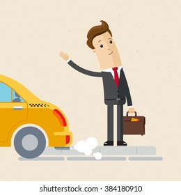 Man in suit catch a taxi. Illustration, vector EPS 10