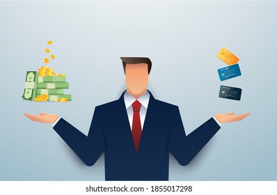 man in suit choosing between money and credit card. vector illustration 