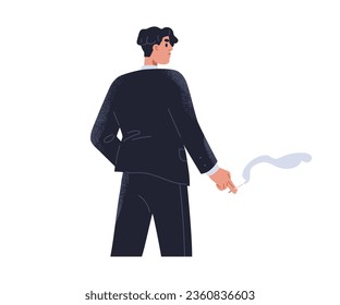 Hombre con traje, cigarrillo en mano. Un hombre de negocios pensativo que fuma tabaco, de pie. Trabajador serio, empleado fuma. Ilustración vectorial gráfica plana aislada en fondo blanco