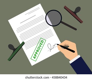 Man in suit claims document by stamp and sign on table with magnifer. Document approval vector illustration in flat design. Hand puts signature in the document with approved mark