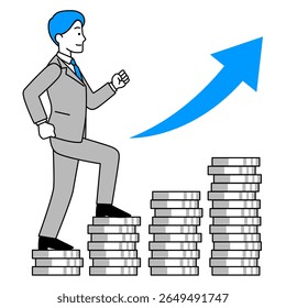 Man in a suit climbing a staircase made of money