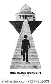 Man in suit climbs up. Way to new home, buying house. Mortgage concept