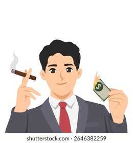 Man in a suit confidently holding a cigar and burning a dollar bill, carefree lifestyle. Flat Vector character illustration