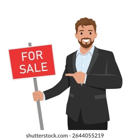 Man in a suit confidently points to For Sale sign, ready to attract potential buyers or investors. Flat vector illustration isolated on white background