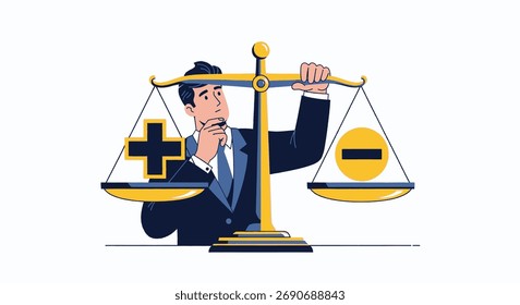 A man in a suit contemplates pros and cons on a scale.