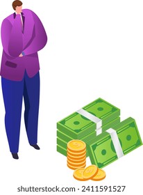 Man in suit contemplating wealth, stacks of money and coins, financial success concept. Wealth management and investment strategy vector illustration.