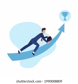 Man in  suit crawls up career ladder. Achievement of goals and the winner's cup. Vector business illustration