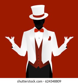 A man in a suit and a cylinder, a fashionable suit, hands are divorced to the sides, a man on a red background
